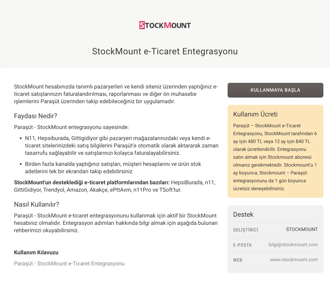 Paraşüt Stockmount e-Ticaret Entegrasyonu